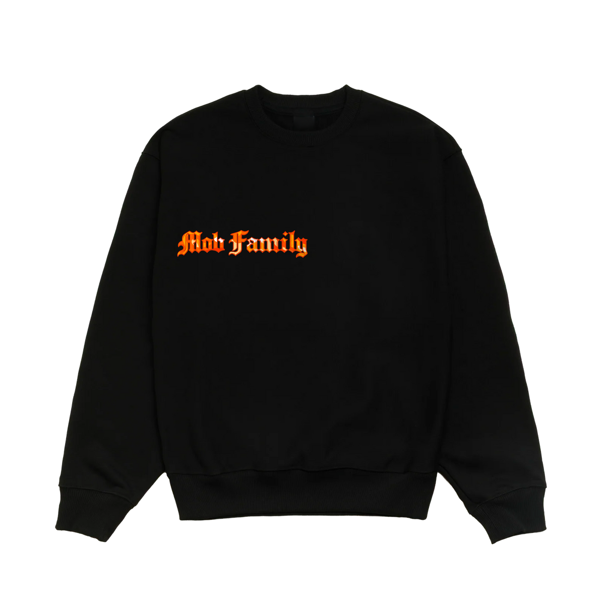 Crewneck noir Mob Family vu de face : lettrage « Mob Family » orange sur la poitrine